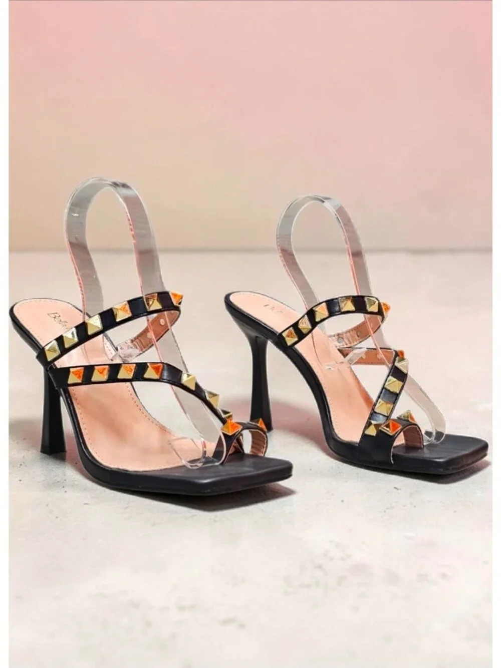 Black Studded High Heel Sandals With Straps And Square Toe Design For Women